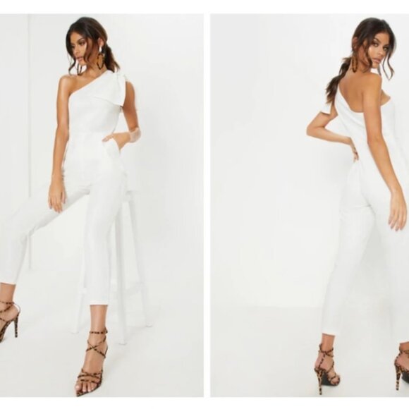 White One Shoulder Jumpsuit Sleeveless Cropped Ankle Pretty Little Thing Size 4 - Picture 2 of 14
